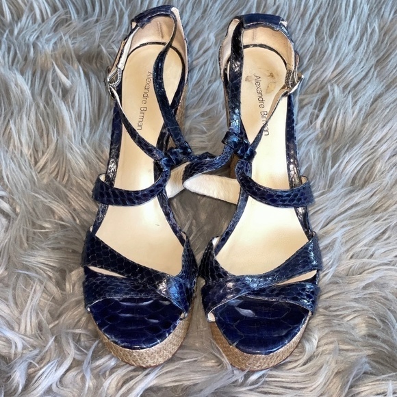 EUC Alexandre Birman Blue Snakeskin Strappy Platform Wedges Size 8.5 - Picture 2 of 12